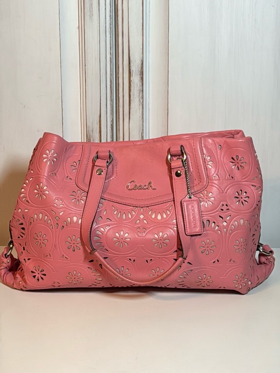 Coach Handbags - Coach Pink Leather Laser-Cut Floral Eyelet Carryall Shoulder Bag